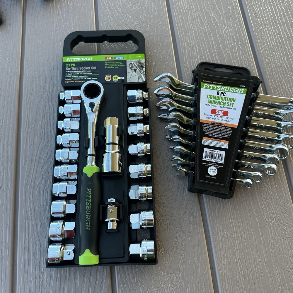 Lot 2 Pittsburgh Tools 21 PC. Go-Thru Socket Set (62305) & 9 Pc Wrench Set 42304